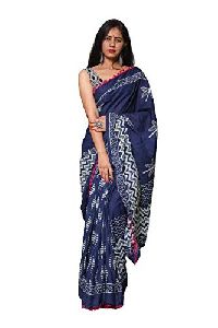 Dark Blue with White Butterfly Pure Cotton Mulmul Printed Sarees