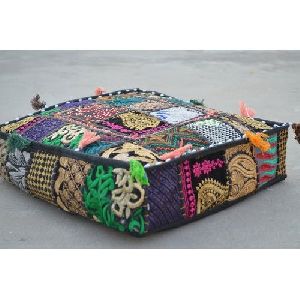 Floral Embroidery Cotton Handicraft Square Ottoman, Color : Multi Color