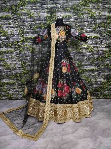 BLACK EMBROIDERED ART SILK SEMI STITCHED LEHENGA