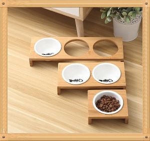 Wooden Dog &amp; Cat Food Bowl With Stand