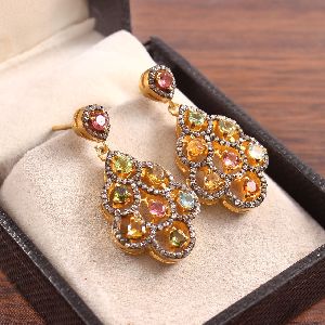 925 Sterling Silver Gold Plated Multi Sapphire And Diamond Earrings