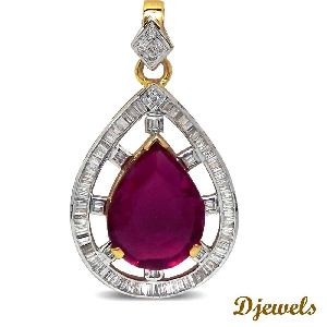 Diamond Pendant with Ruby Drop Shape with Baggett Natural Diamonds Pendant for Women's