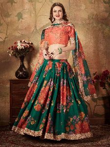 GREEN EMBROIDERED ORGANZA SEMI STITCHED LEHENGA