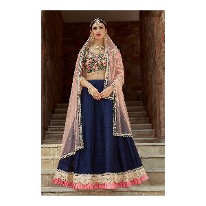 NAVY-BLUE EMBROIDERED SATIN SEMI STITCHED LEHENGA