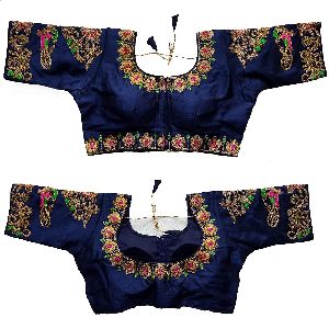 Women's peacock Design Embroidered Phantom Silk Blouse With Round Neck Blouse   navy blue