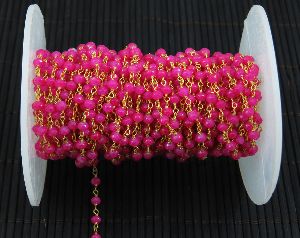 Hot Pink Crystal 3 MM Beaded Rosary Style Chain