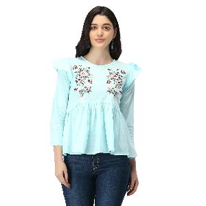 TR099 Sky Blue Cotton Embroidered Tops