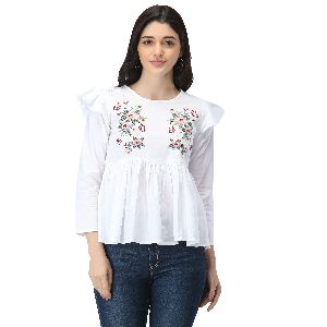 TR099 White Cotton Embroidered Tops