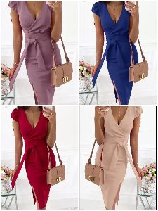 Deep V Neck Slit Dress