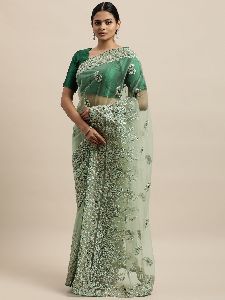 1264 Net Green Embroidered Saree