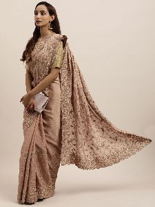 Chinon Golden Silk Embroidered Saree