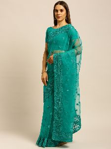 999 Net Blue Thread Embroidered Saree