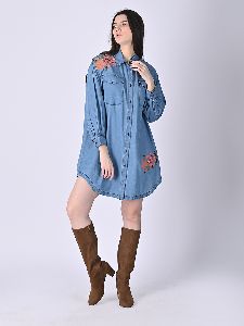 Womens Classic Denim Embroidery Shirt Dress