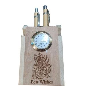 Wooden Clock Pen Holder