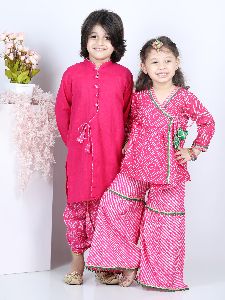 Front Open Cotton Full Sleeve Kurta with Dhoti with Block Print Cotton Angrakha with Sharara