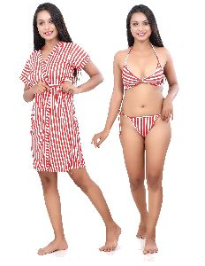 G4Girl Women Jakcet Nighty with Lingerie Set (Free Size, Red Black) (Free Size, Red)