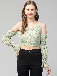 Women Girls Cold Shoulder Floral Crop Top