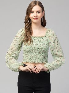 Women Girls Puff Sleeves Floral Smocked Top