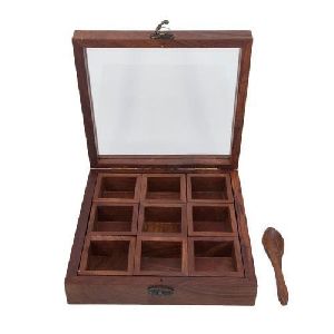 Square Polished Brown Wooden Spice Box, Feature : Attractive Packaging, Dimensionally Accurate