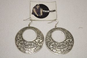silver wide round shape brass etching earrings