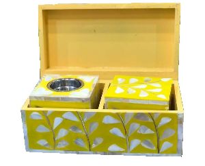 yellow bakhoor mother of pearl inlay incense box set