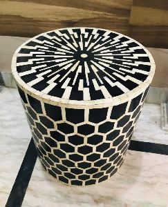 round geometric design bone inlay stool