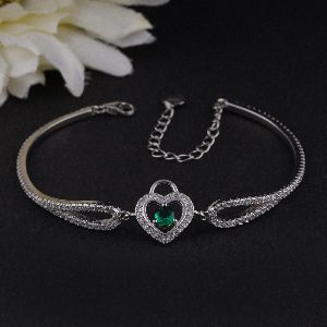 Beautiful Diamond Heart With Green Gems Bracelet