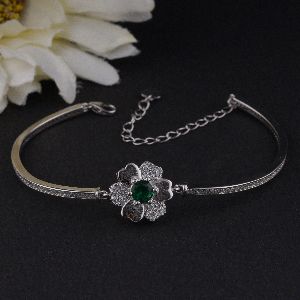 Unique Green Diamond Flower Sterling Silver Bracelet