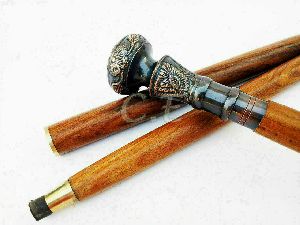 2 Round Black Head Solid Brass Wooden Walking Stick Cane Gift Brass Handle