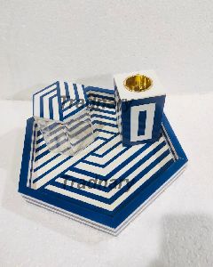 blue resin hexagon shape inlay incense burner set