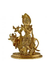 Brass Krishna With Cow Statue