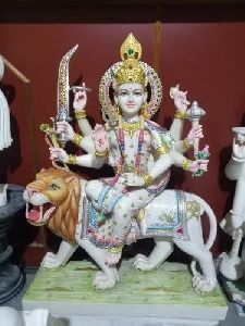 Marble Durga Statue with Lion