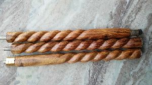 3 fold brown spiral curved wooden walking stick cane