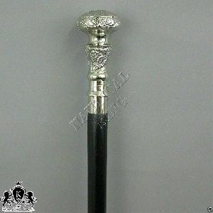 antique vintage silver brass handle knob wooden walking cane stick