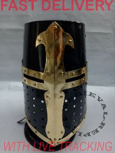 Medieval Knight Armor Crusader Templar Helmet Black Mason Brass Cross with Liner