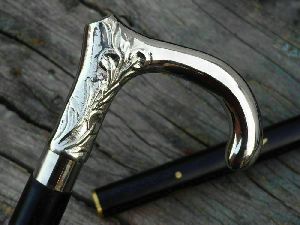 solid silver round head handle vintage wooden walking stick