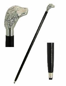 Vintage Style Wooden Walking Stick Solid Brass Silver Dog Head Handle Cane