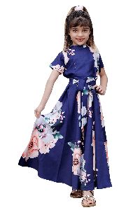 Girls Blue Floral Printed Band Neck Fit and Flare Dress