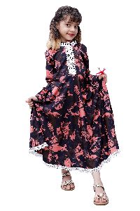 Girls Brown Floral Printed Round Neck Fit And Flare Gown
