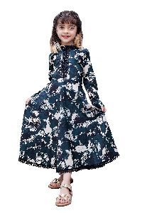 Girls Dark Green Floral Printed Round Neck Fit and Flare Gown