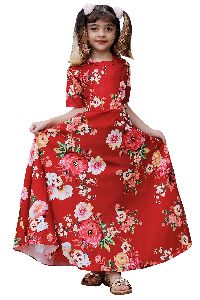 Girls Floral Printed Band Neck Fit and Flare Gown