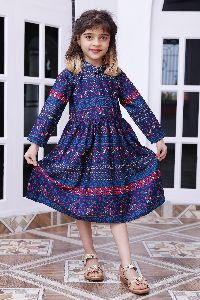 Girls Navy Blue Floral Printed Band Neck Fit and Flare Dress