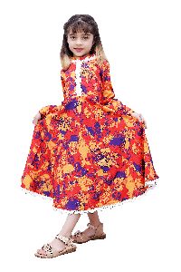 Girls Orange Floral Printed Round Neck Fit and Flare Gown