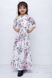Girls White Floral Printed Band Neck Fit and Flare Gown