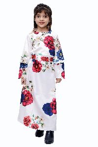 Girls White Floral Printed Keyhole Neck Fit and Flare Dress