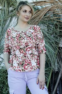 Ladies Beige Floral Printed Round Neck Top