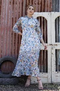 Ladies Blue Floral Printed Fit and Flare Long Dress