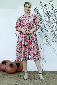 Ladies Multicolor Floral Printed V Neck A Line Short Dress
