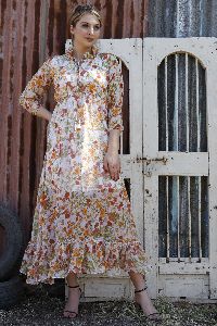 Ladies Yellow Floral Printed Fit and Flare Long Dress