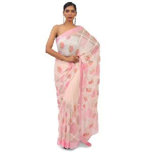 Pink Thread Work Chiffon Saree